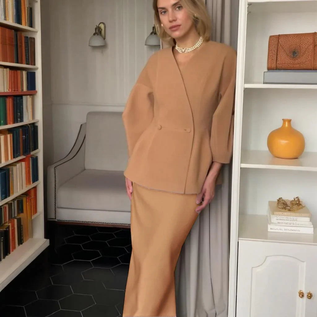 Abito da donna con gonna e maniche a sbuffo, tinta unita e bottoni